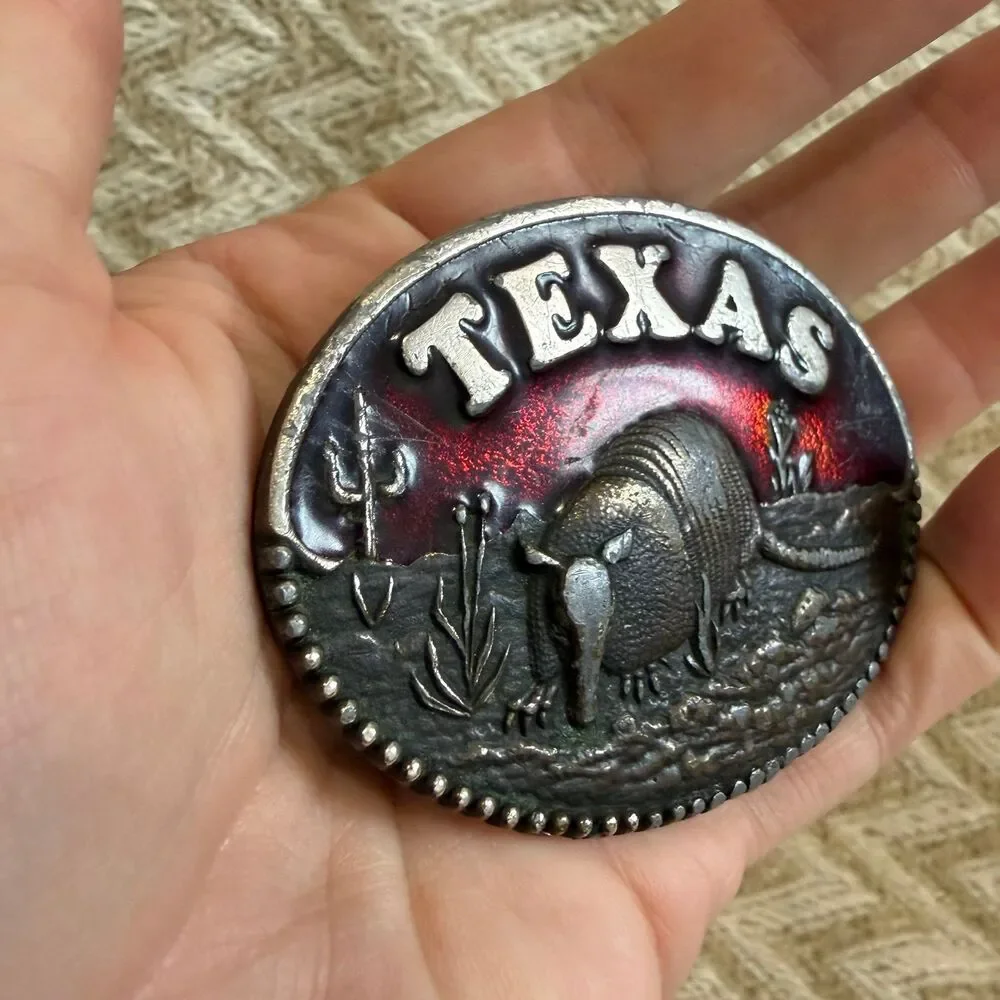 Vintage Koleaco Texas Armadillo Red Enamel Belt Buckle Western Cowboy Rodeo USA